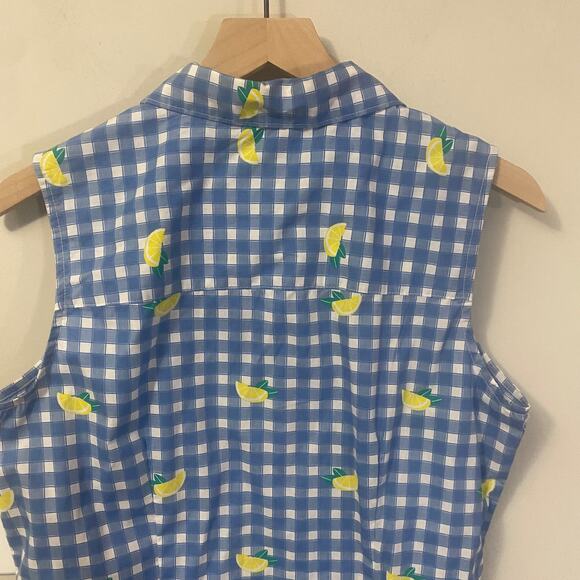 Laura Scott Blue White Gingham Button Down Blouse Lemon Print Sleeveless Sz M - Picture 6 of 9